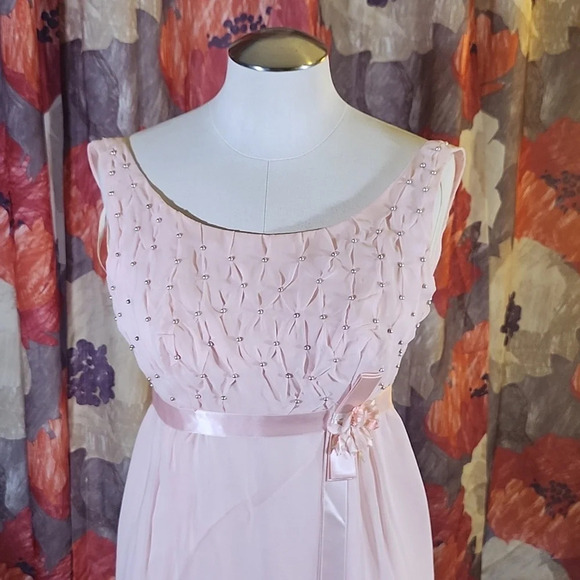 Vintage Pale Pink Blush Beaded Scoop Neck Empire Waist Dress - Picture 3 of 11
